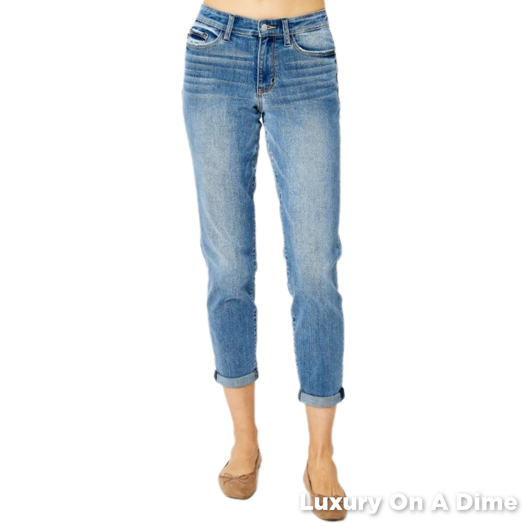 Slim Leg Mid-Rise Stretch Denim Pants Cropped Cuff Hem Mom Jeans Judy Blue