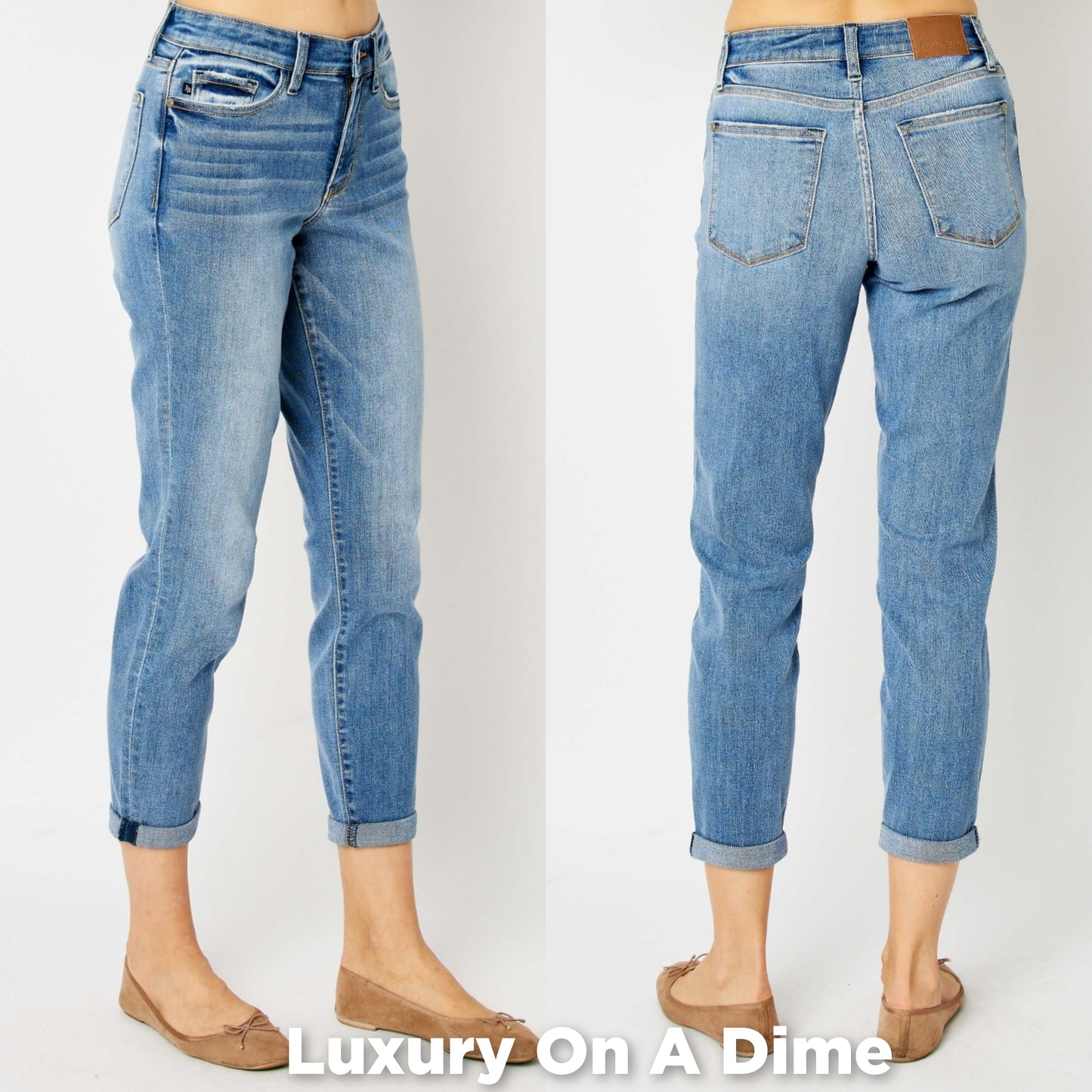 Slim Leg Mid-Rise Stretch Denim Pants Cropped Cuff Hem Mom Jeans Judy Blue