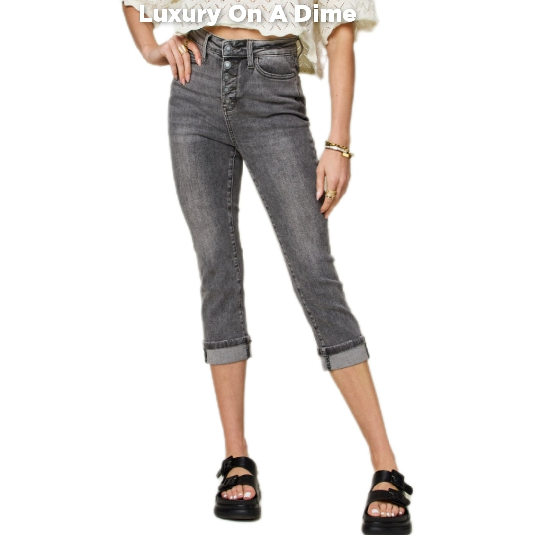 Tummy Control High-Rise Waist Denim Skinny Cuffed Capri Pants Judy Blue Jeans