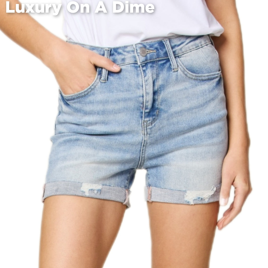 High Rise Distressed Boyfriend Denim Shorts Relaxed Fit Rolled Cuff Jean Judy Blue