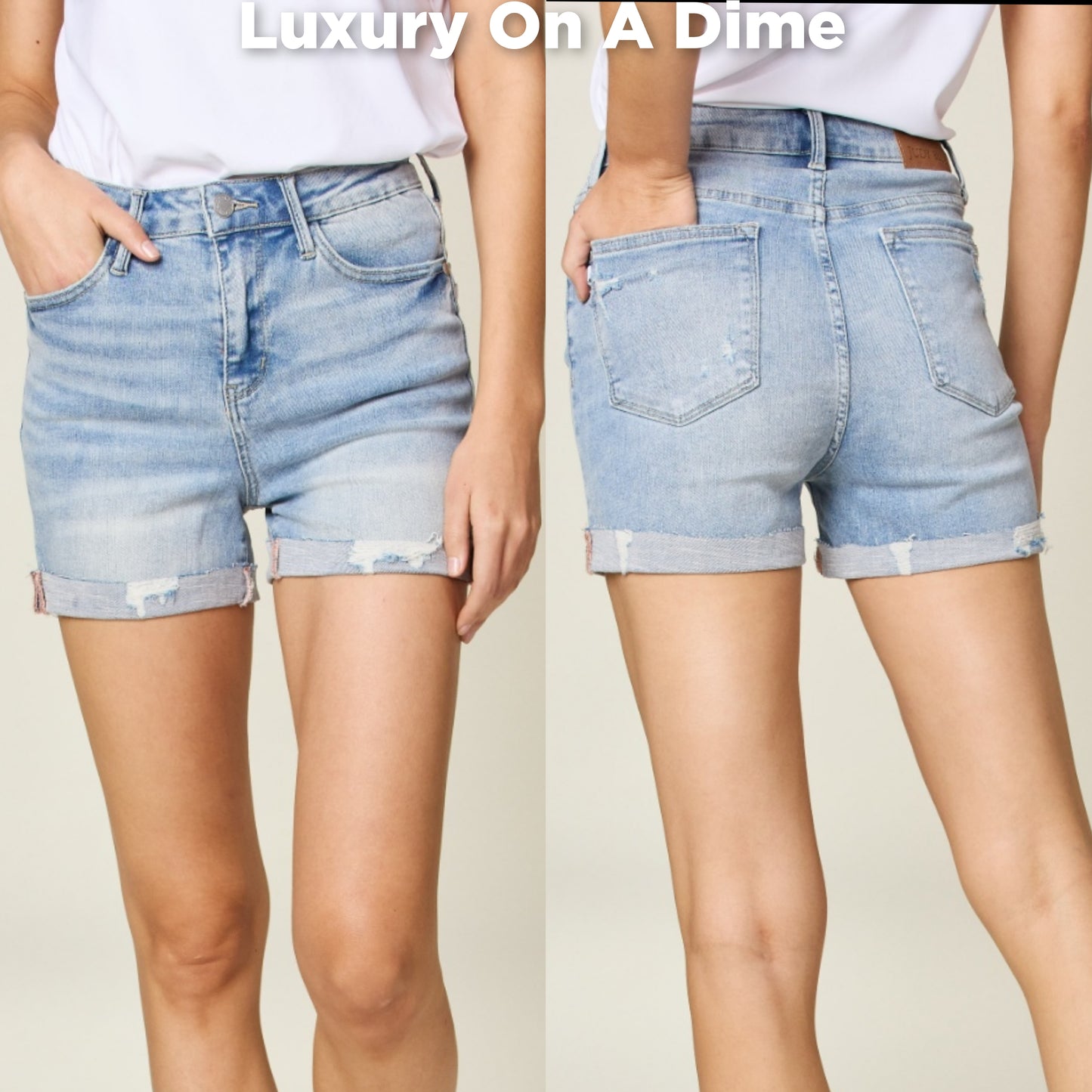 High Rise Distressed Boyfriend Denim Shorts Relaxed Fit Rolled Cuff Jean Judy Blue