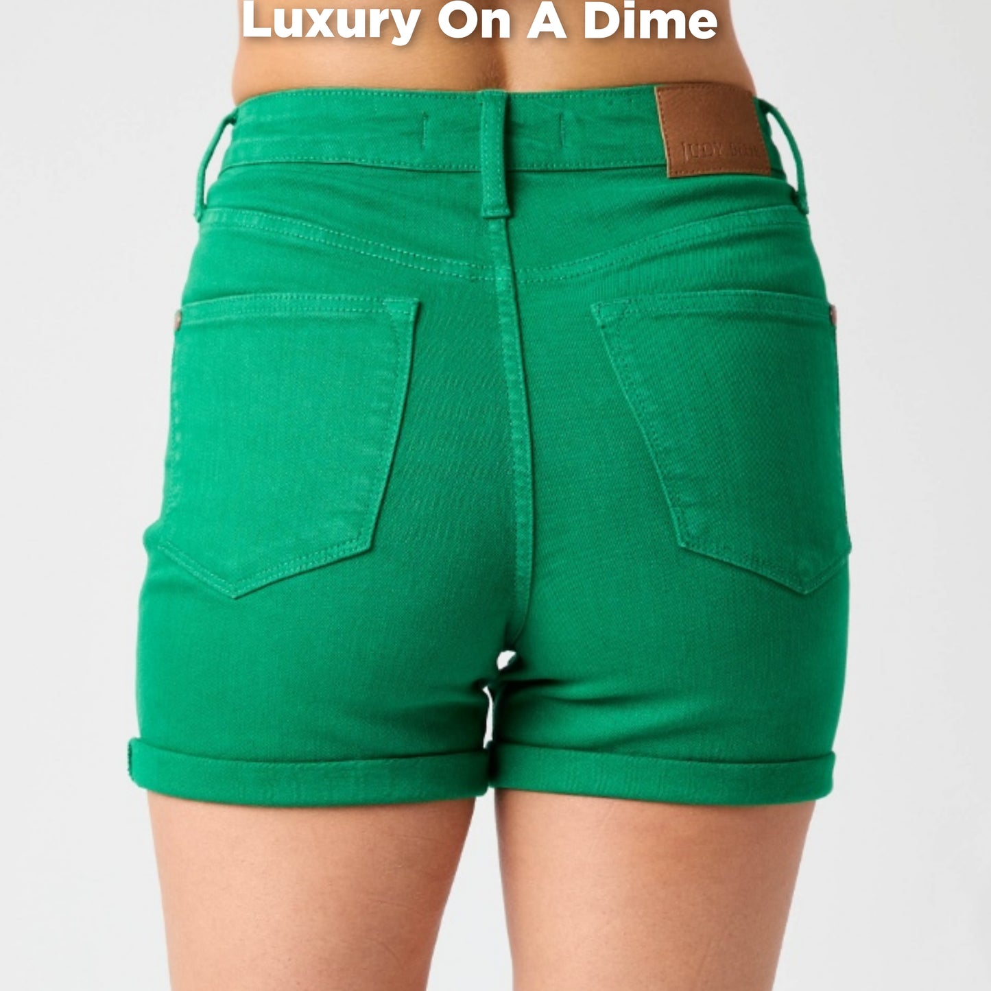 High Rise Tummy Control Slim Leg Rolled Cuff Green Denim Shorts Jean Judy Blue