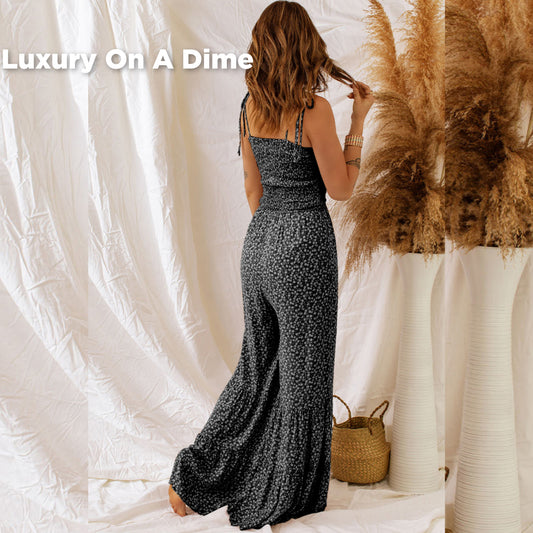 Retro Hippie Pant One-piece Smocked Tiered Wide Leg Bell Bottom Jumpsuit