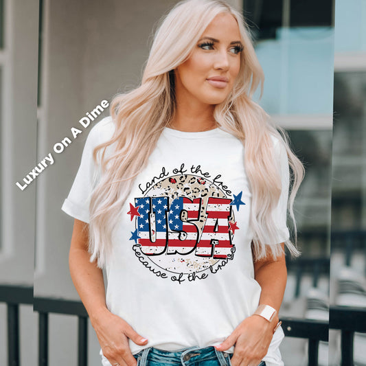 American Because of the Brave USA Leopard Graphic Top Cuffed Short Sleeve Shirt