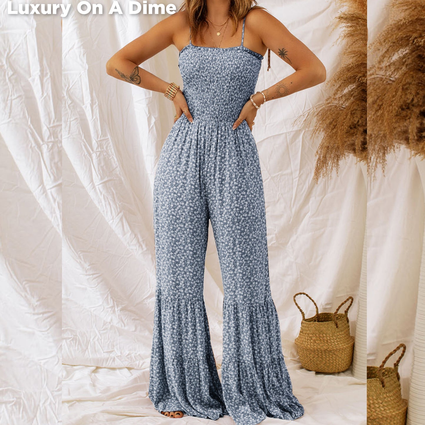 Retro Hippie Pant One-piece Smocked Tiered Wide Leg Bell Bottom Jumpsuit Floral
