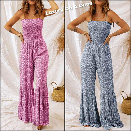 Retro Hippie Pant One-piece Smocked Tiered Wide Leg Bell Bottom Jumpsuit Floral