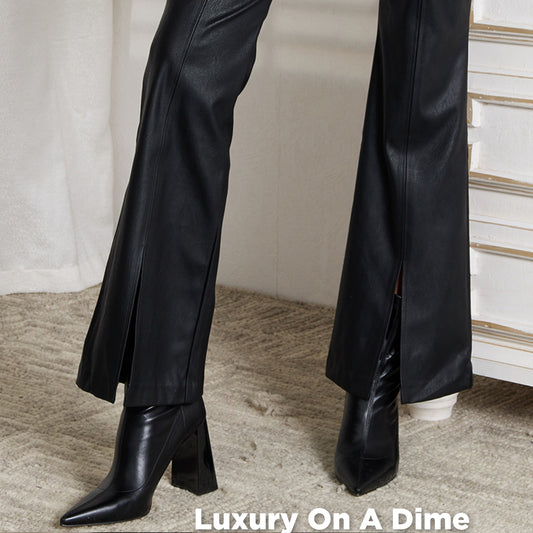 High-Rise Vegan Leather Retro Flare Leg Bell Bottom Raw Hem Pants KanCan