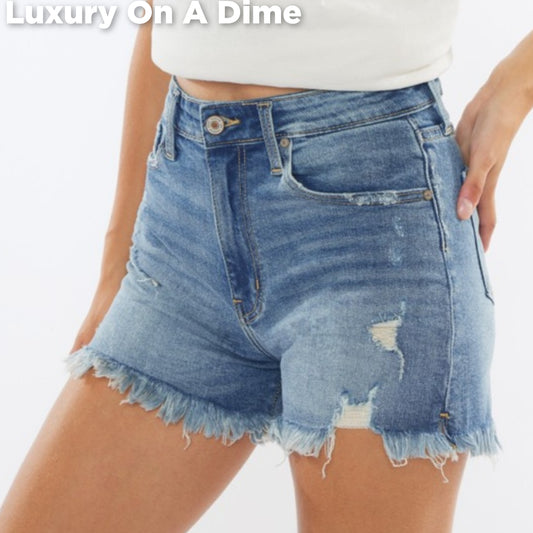 KanCan High Rise Waist Distressed Denim Cut-off Frayed Hem Jean Shorts