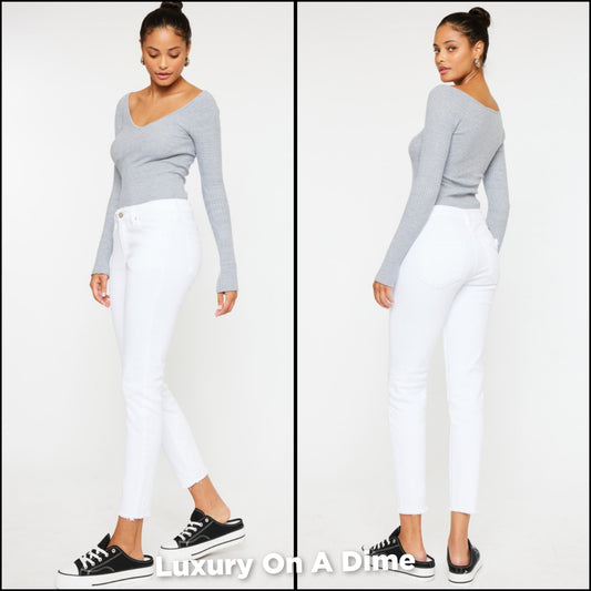 KanCan Skinny Mid-Rise Stretch Slim Raw Hem Ankle Distressed Jeans White Denim Pants