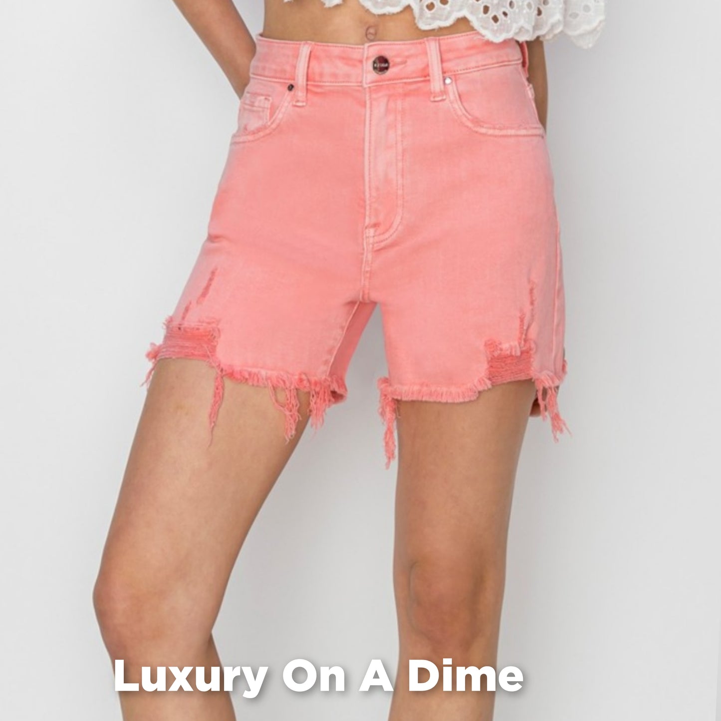 Pink High Rise Waist Distressed Denim Cut-off Frayed Mid-length Jean Shorts RISEN