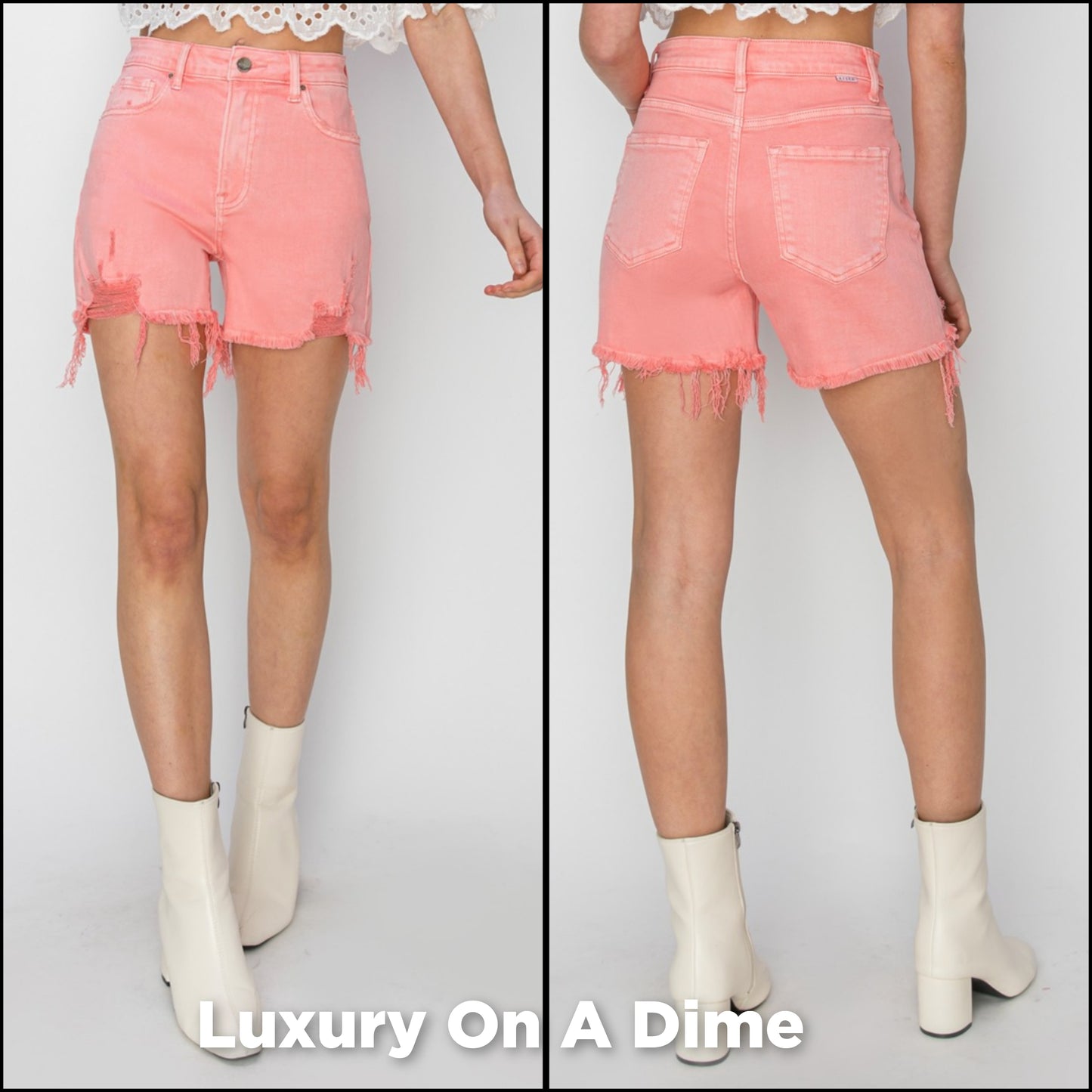 Pink High Rise Waist Distressed Denim Cut-off Frayed Mid-length Jean Shorts RISEN