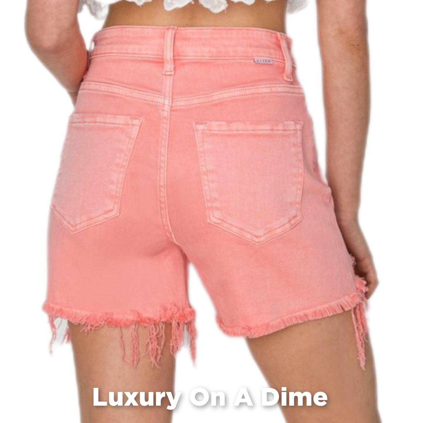 Pink High Rise Waist Distressed Denim Cut-off Frayed Mid-length Jean Shorts RISEN