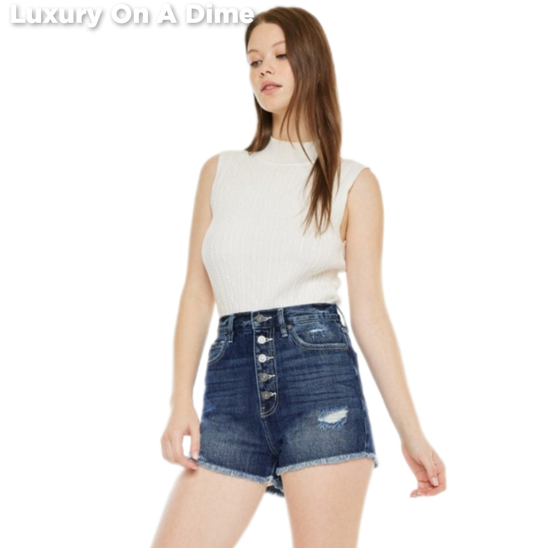 KanCan Button Fly Distressed Denim Ultra High-Rise Frayed Cut-Off Cotton Jean Shorts