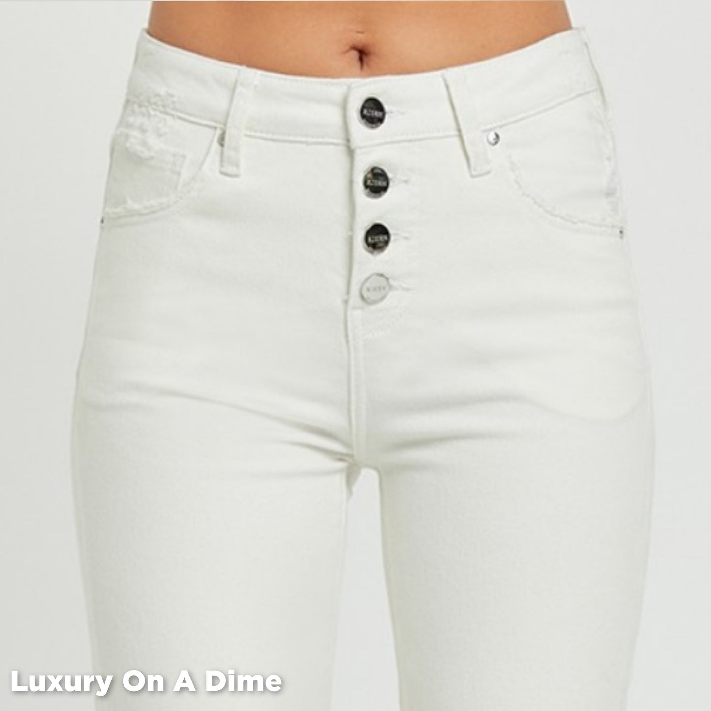RISEN Tummy Control Mid-Rise Straight Leg Distressed Raw Hem Jeans White Denim Pants