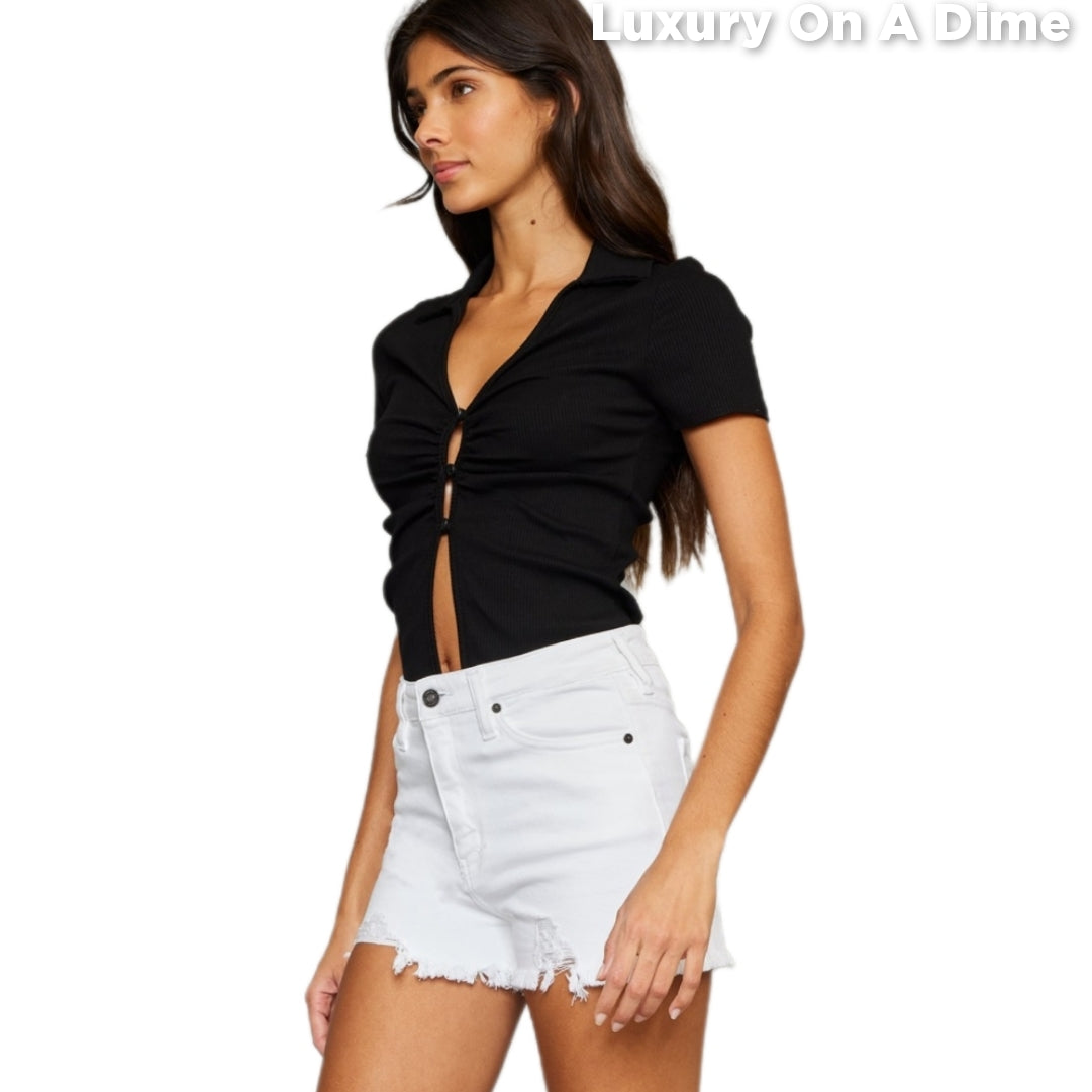 High Rise Waist Distressed White Denim Cut-off Frayed Hem Jean Shorts KanCan