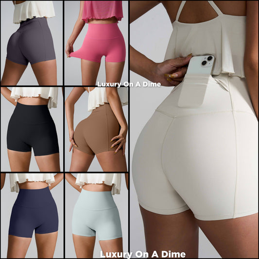 High Rise Athletic Shorts Wide Waistband Back Pocket Yoga Activewear