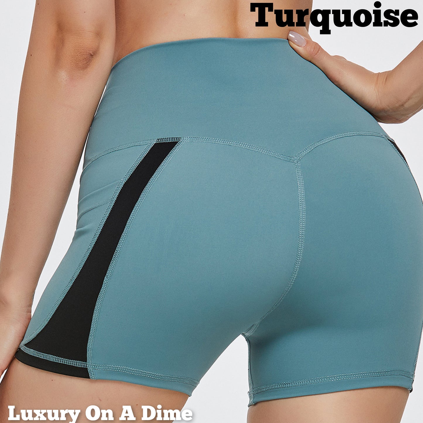 High Rise Waist Pocket Athletic Shorts Wide Waistband Contrasting Stripe Activewear