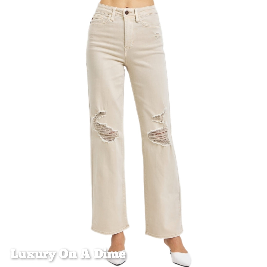 High Rise Mom Jeans Distressed Torn Knee Wide Leg Denim Pants Judy Blue