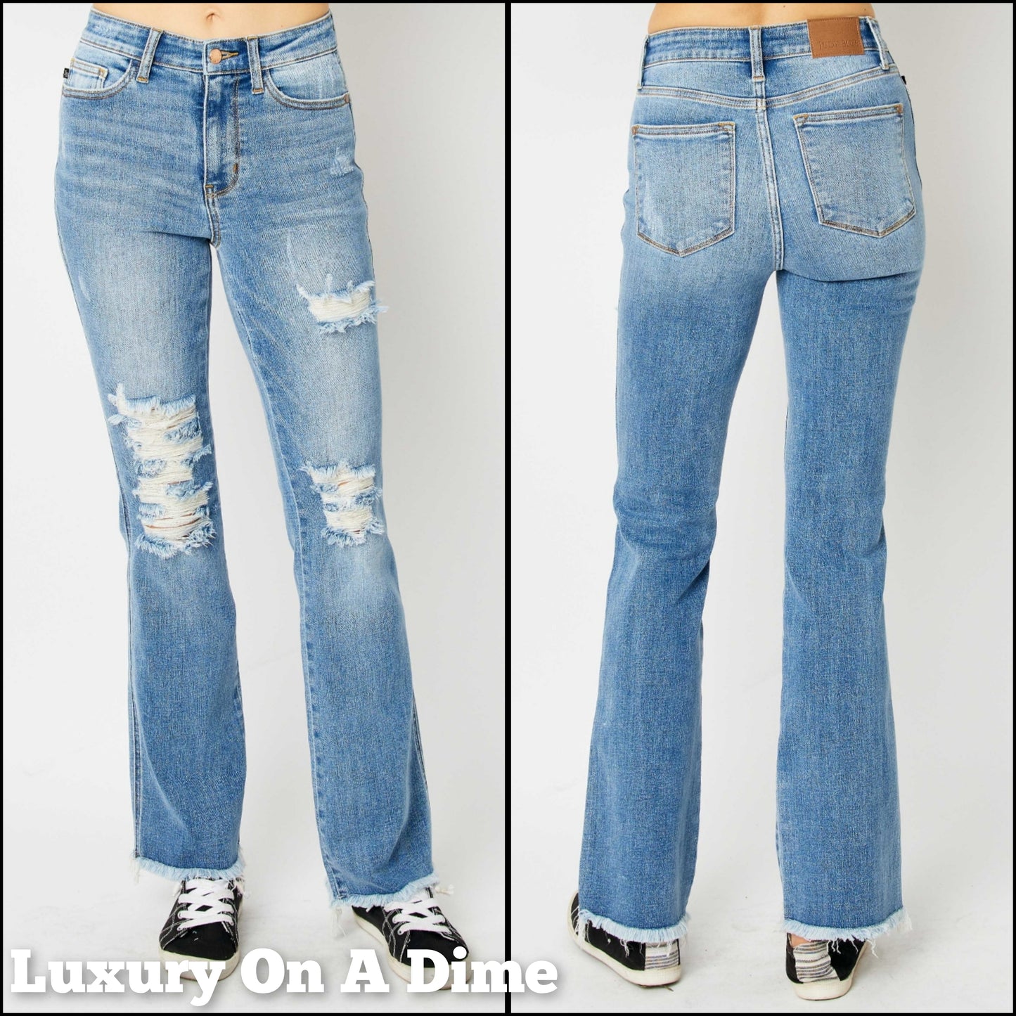 Retro 90s Distressed Bootcut Jeans Torn Hem Mid-Rise Denim Pants Judy Blue