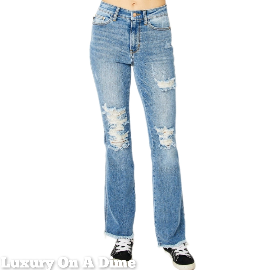 Retro 90s Distressed Bootcut Jeans Torn Hem Mid-Rise Denim Pants Judy Blue
