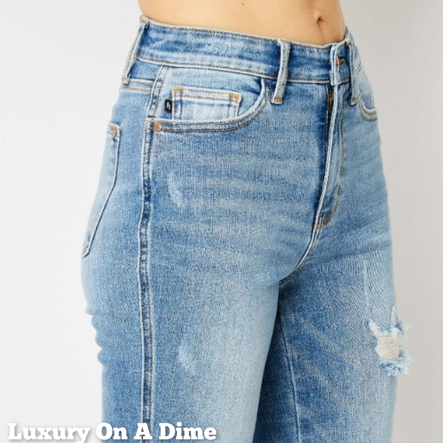 Retro 90s Distressed Bootcut Jeans Torn Hem Mid-Rise Denim Pants Judy Blue