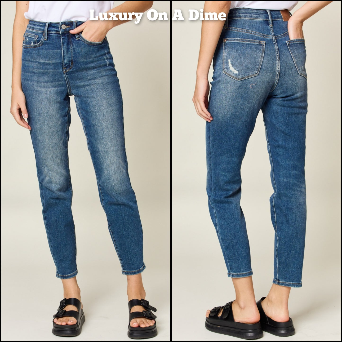 Judy Blue Tummy Control High-Rise Waist Distressed Slim Fit Stretch Dark Denim Ankle Jean Pants