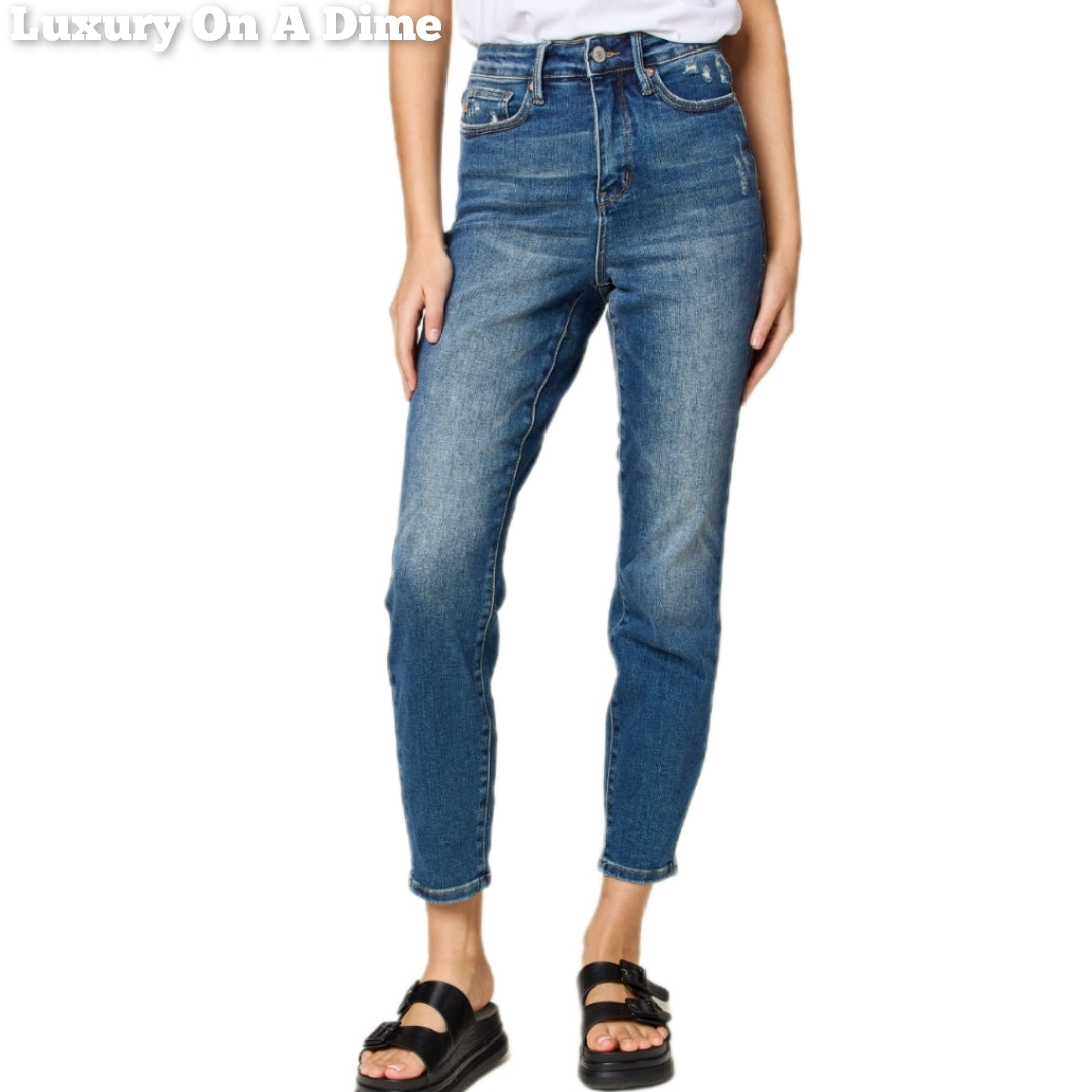 Judy Blue Tummy Control High-Rise Waist Distressed Slim Fit Stretch Dark Denim Ankle Jean Pants