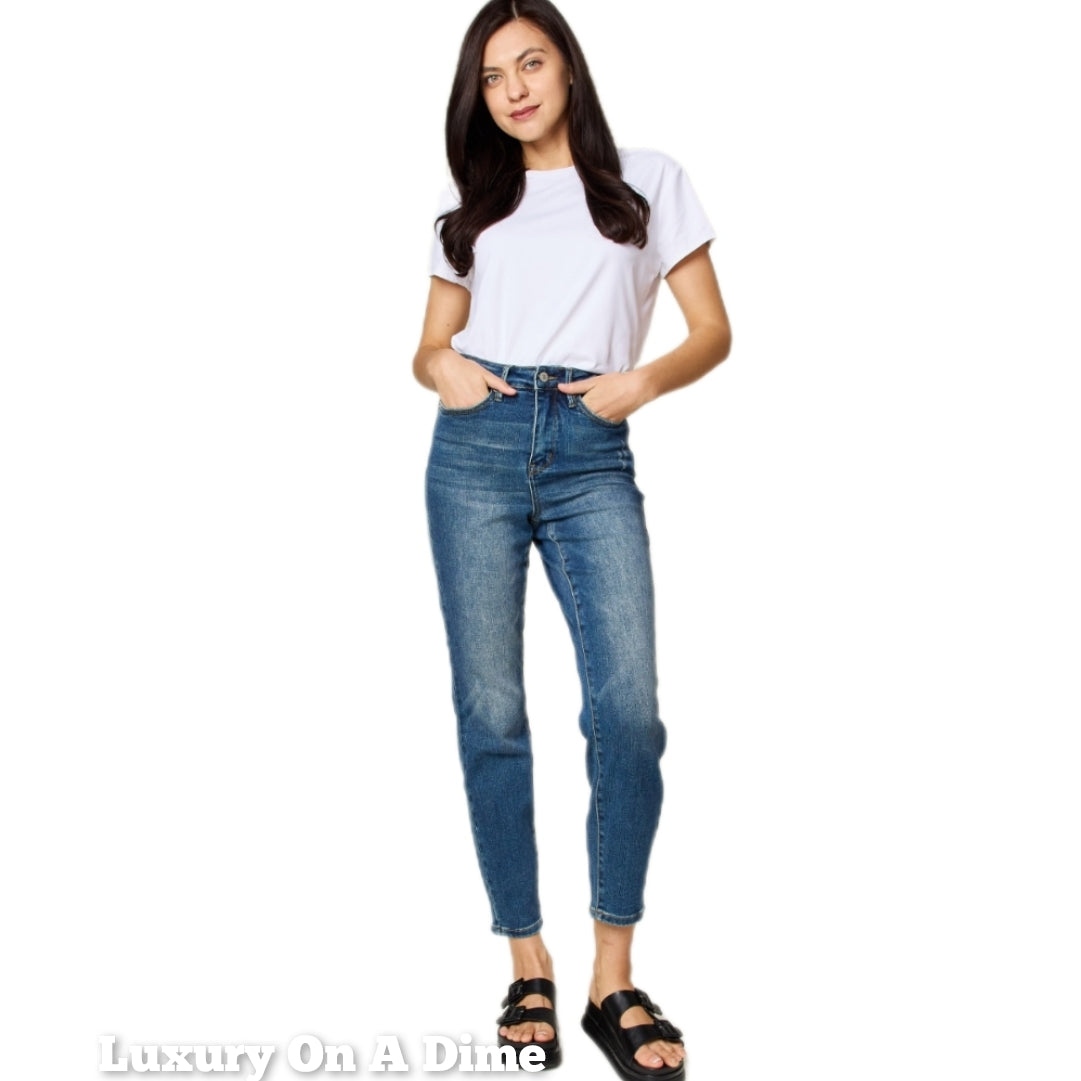 Judy Blue Tummy Control High-Rise Waist Distressed Slim Fit Stretch Dark Denim Ankle Jean Pants