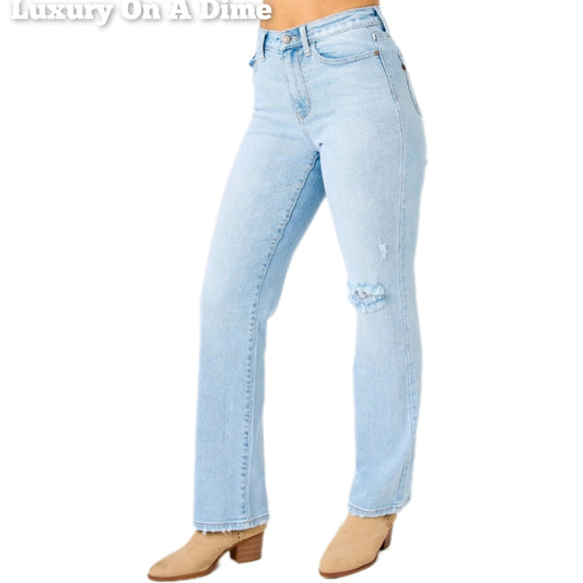 Judy Blue High-Rise Waist Distressed Torn Denim Ripped Straight Leg Jean Pants