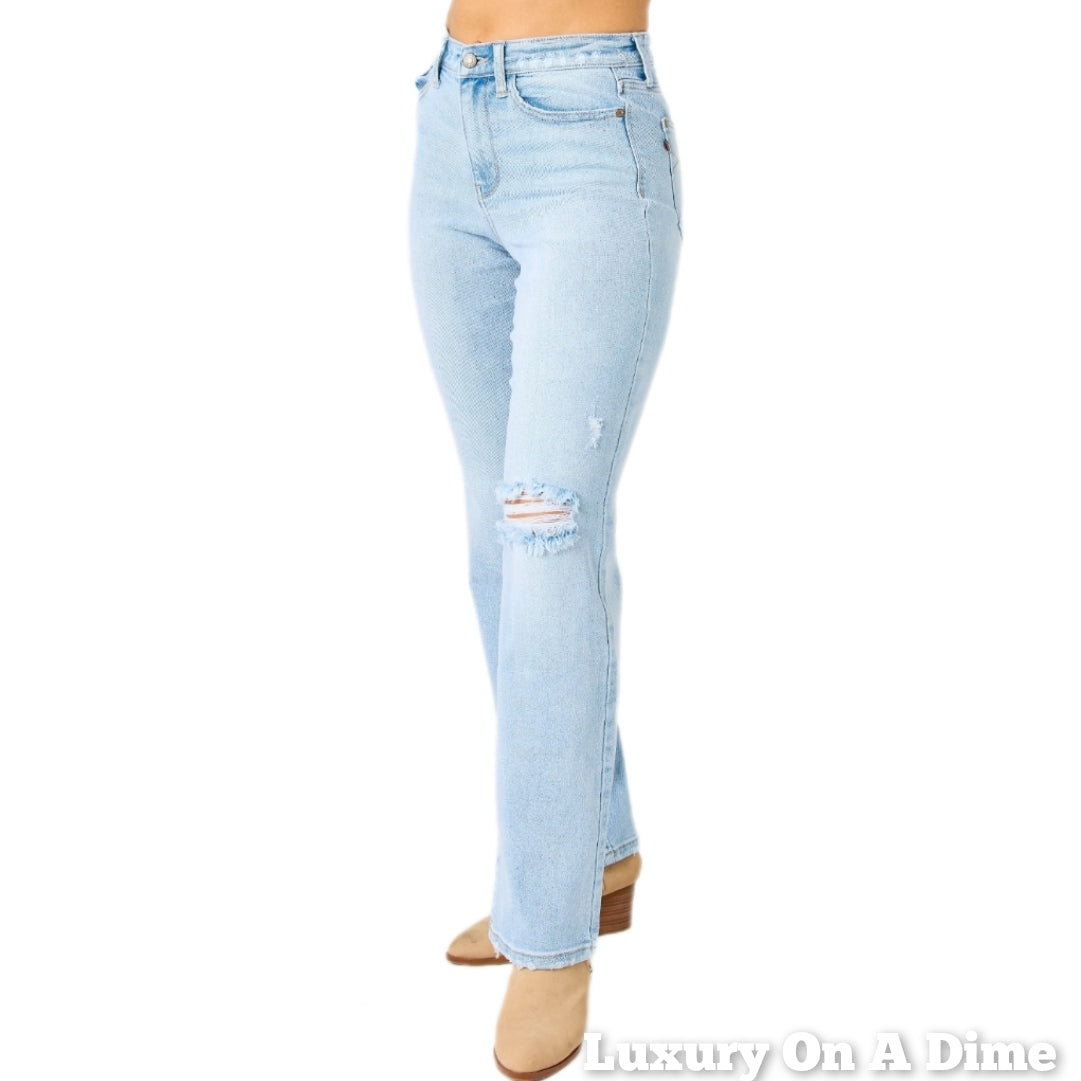 Judy Blue High-Rise Waist Distressed Torn Denim Ripped Straight Leg Jean Pants