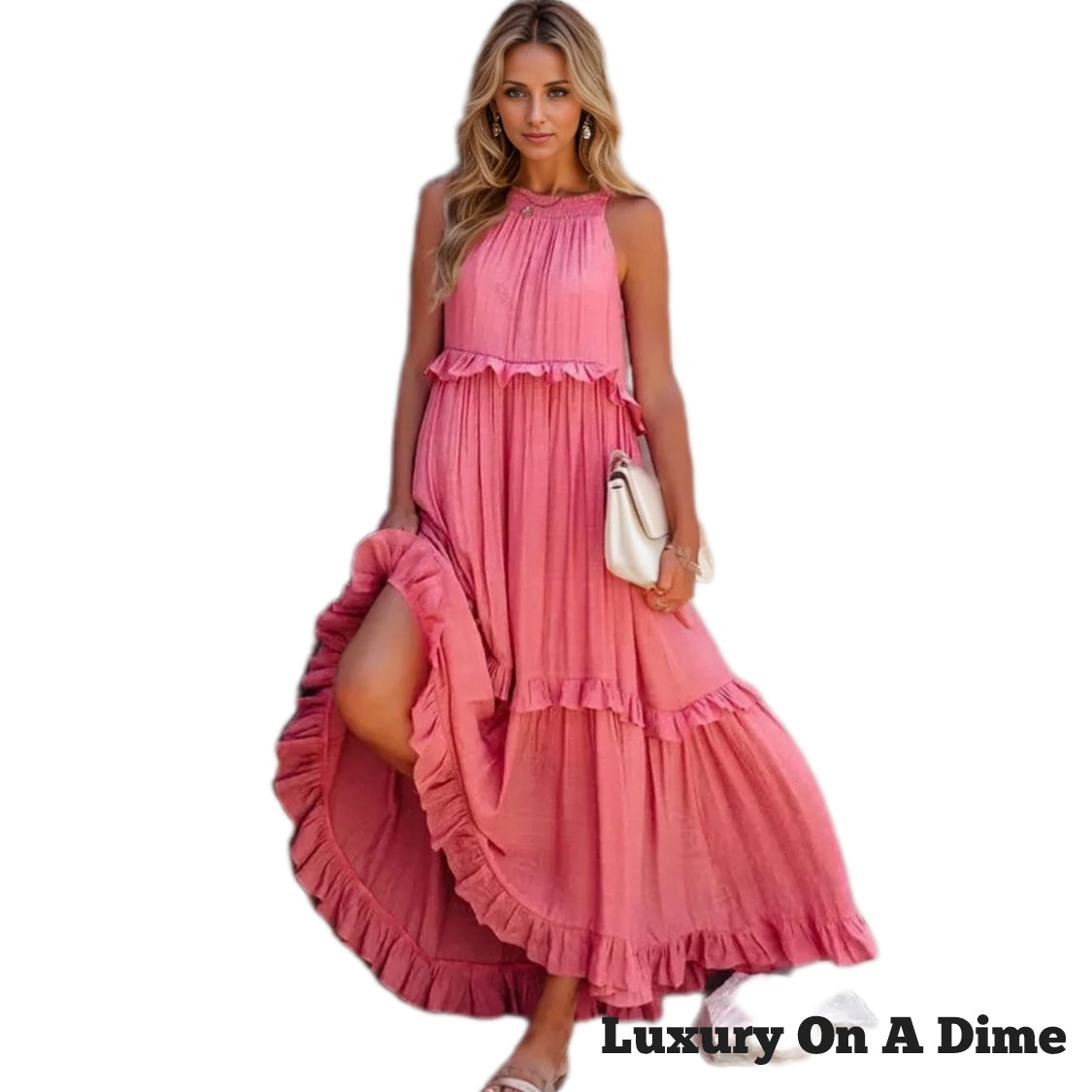 Ruffle Sleeveless Grecian Tie Back Tiered Summer Side Pocket Oversized High-Low Maxi Dress