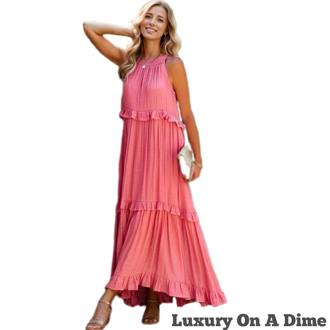 Ruffle Sleeveless Grecian Tie Back Tiered Summer Side Pocket Oversized High-Low Maxi Dress