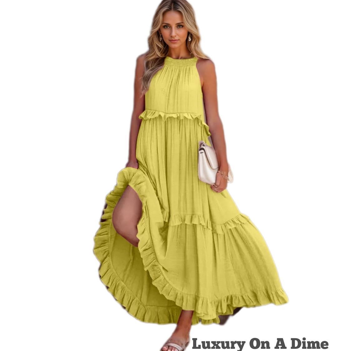Ruffle Sleeveless Grecian Tie Back Tiered Summer Side Pocket Oversized High-Low Maxi Dress