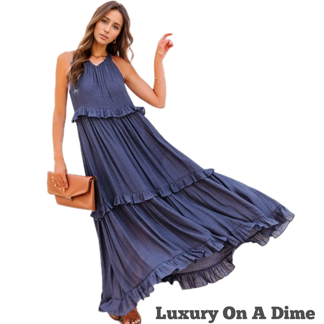 Ruffle Sleeveless Grecian Tie Back Tiered Summer Side Pocket Oversized High-Low Maxi Dress