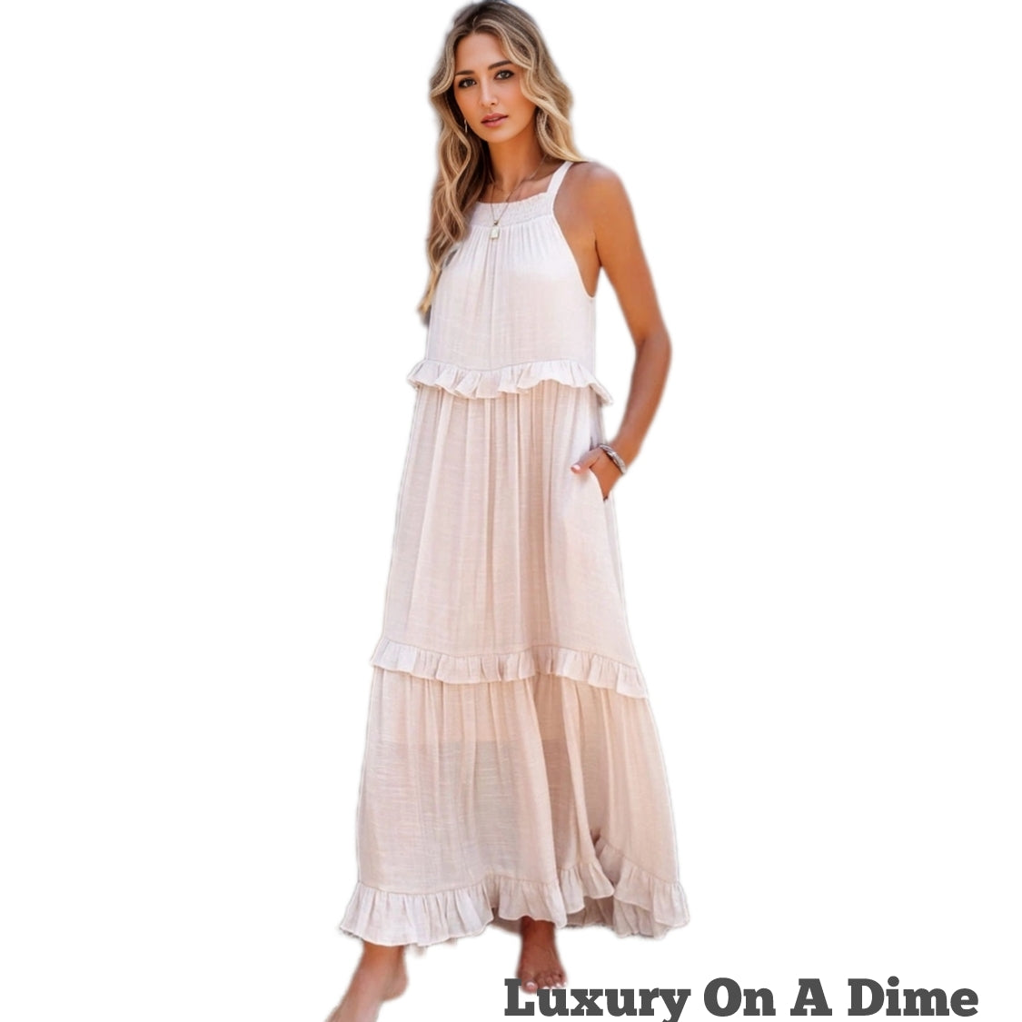 Ruffle Sleeveless Grecian Tie Back Tiered Summer Side Pocket Oversized High-Low Maxi Dress
