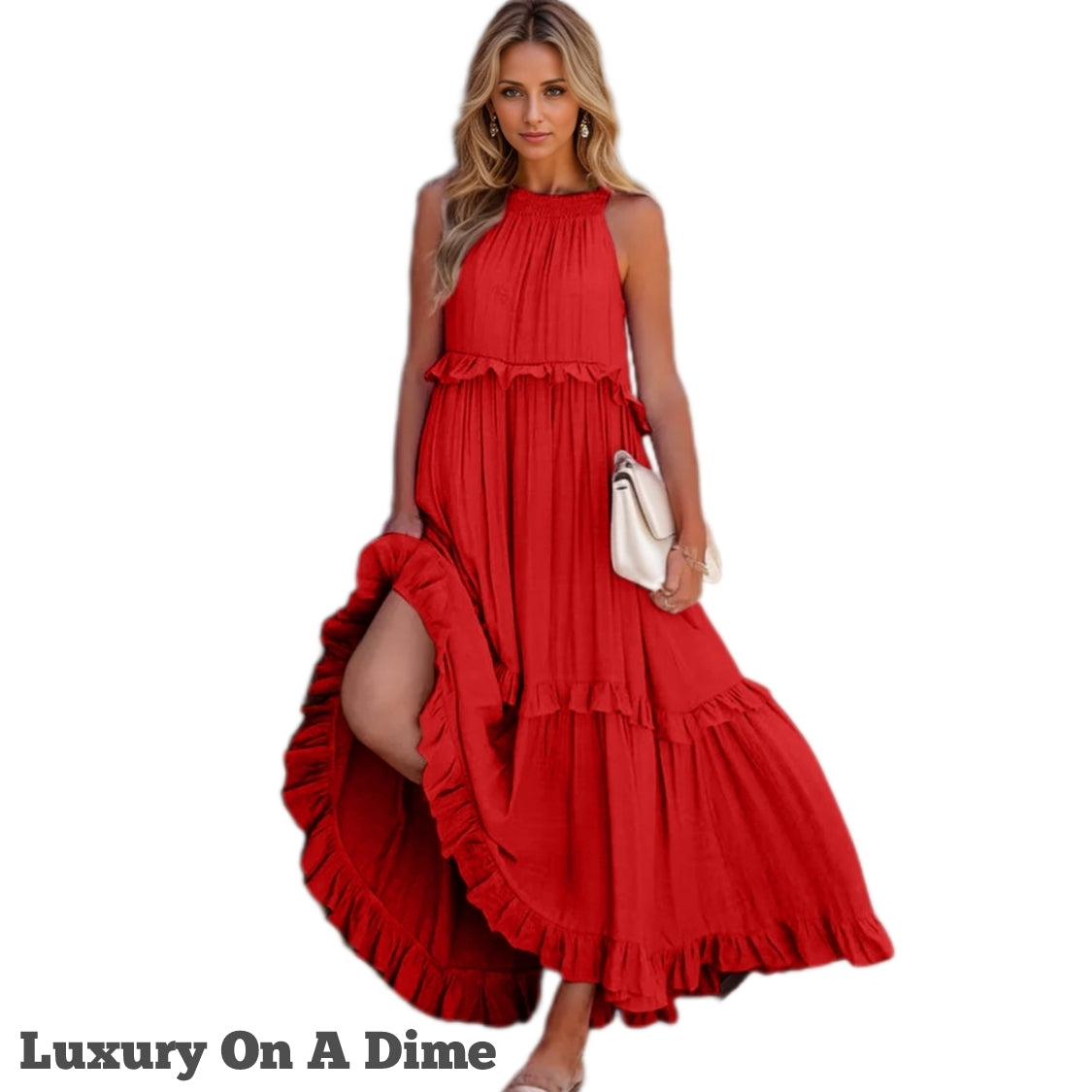 Ruffle Sleeveless Grecian Tie Back Tiered Summer Side Pocket Oversized High-Low Maxi Dress