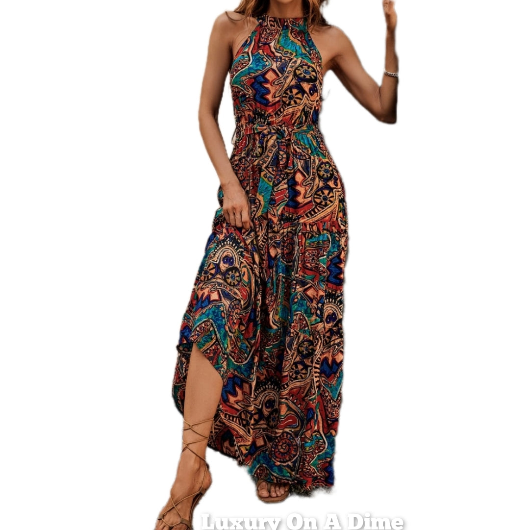 Grecian High-Neck Tie Belt Sleeveless Bold Colorful Tiered Maxi Summer Dress