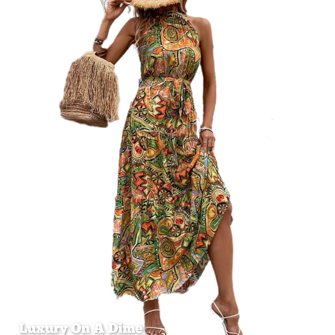 Grecian High-Neck Tie Belt Sleeveless Bold Colorful Tiered Maxi Summer Dress