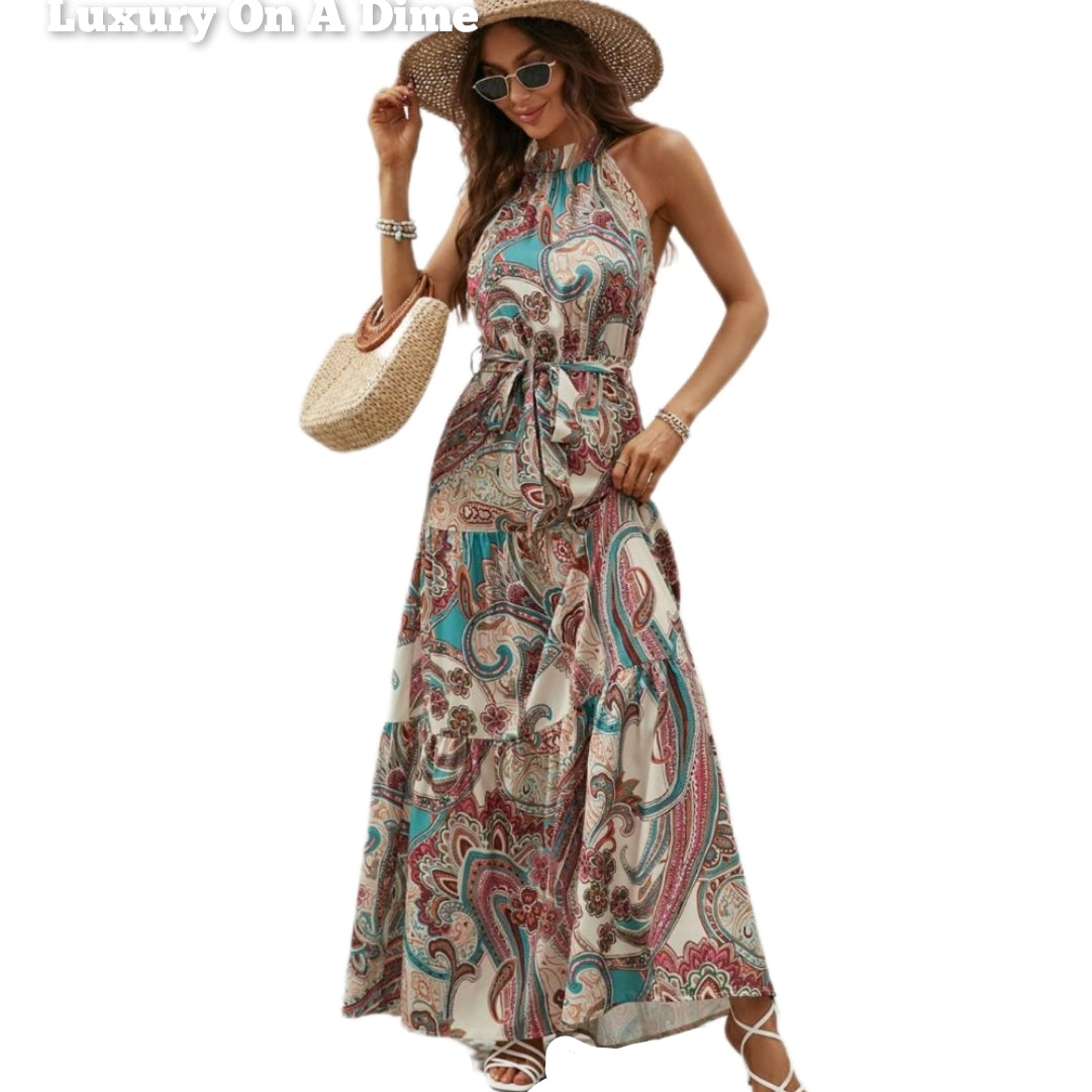 Grecian High-Neck Tie Belt Sleeveless Bold Colorful Tiered Maxi Summer Dress