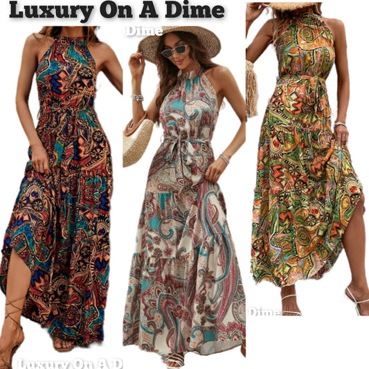 Grecian High-Neck Tie Belt Sleeveless Bold Colorful Tiered Maxi Summer Dress