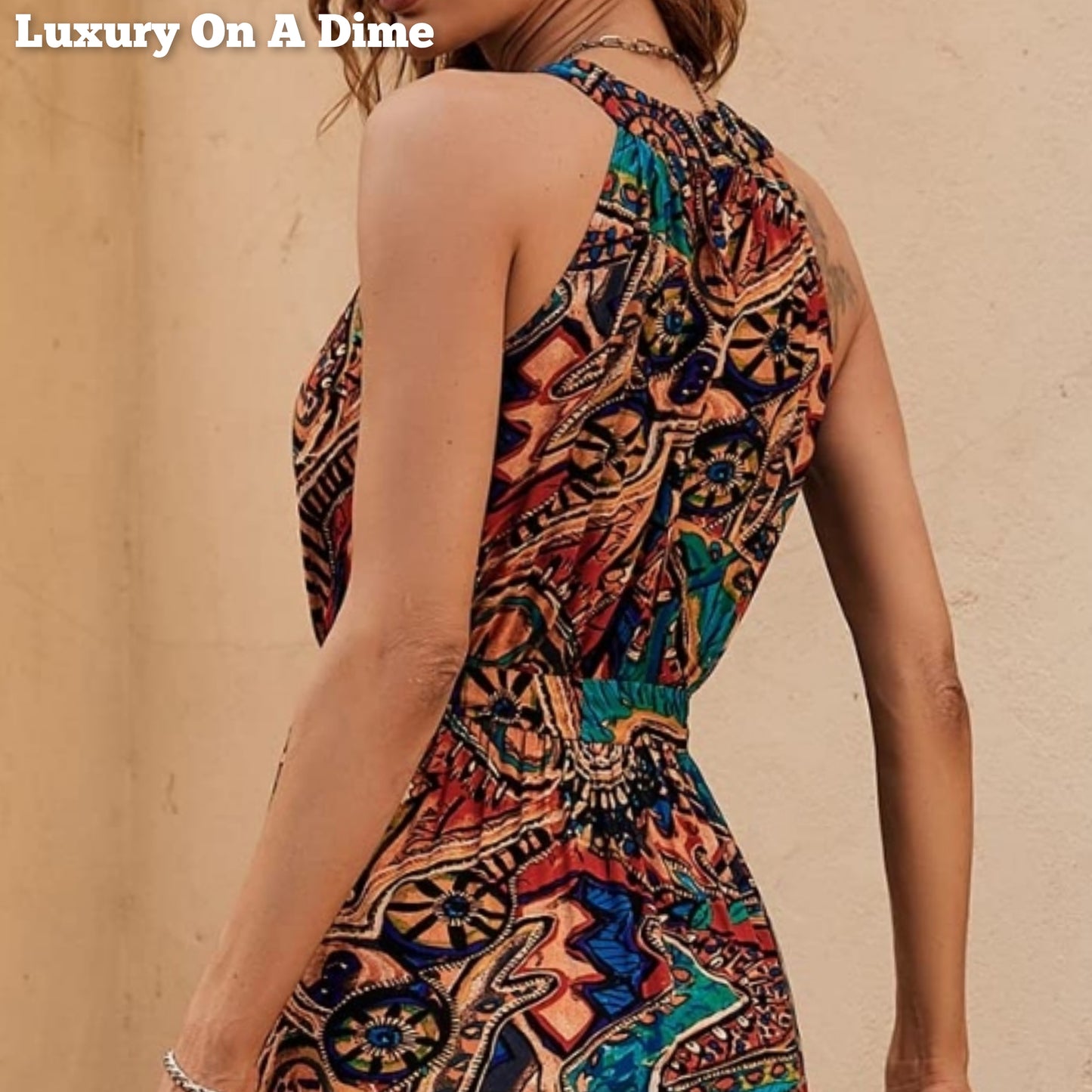 Grecian High-Neck Tie Belt Sleeveless Bold Colorful Tiered Maxi Summer Dress