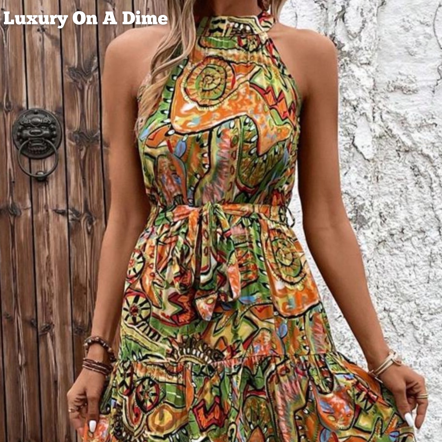 Grecian High-Neck Tie Belt Sleeveless Bold Colorful Tiered Maxi Summer Dress