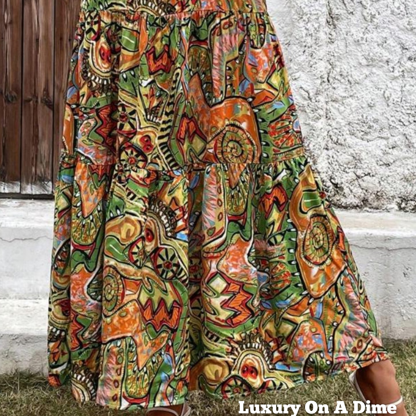Grecian High-Neck Tie Belt Sleeveless Bold Colorful Tiered Maxi Summer Dress