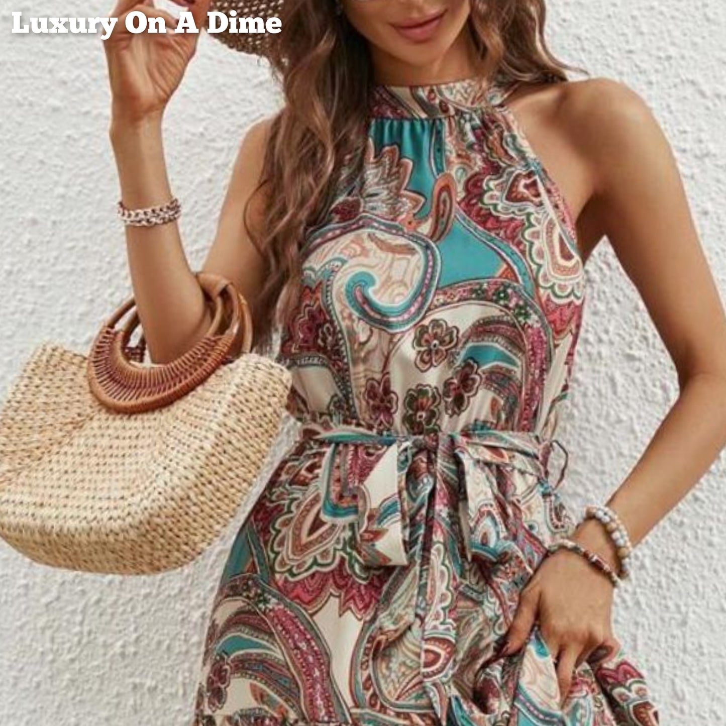 Grecian High-Neck Tie Belt Sleeveless Bold Colorful Tiered Maxi Summer Dress