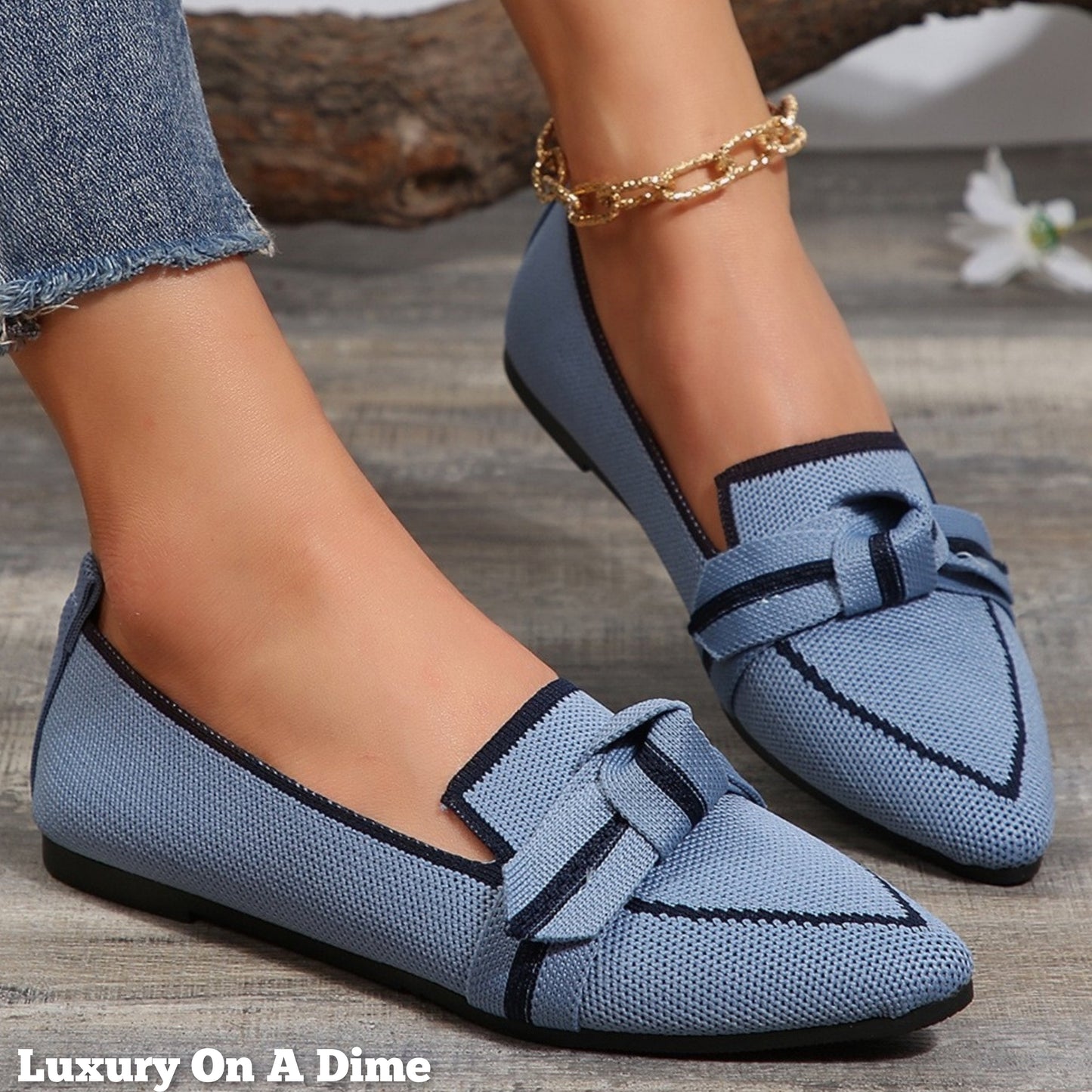 Pointed Bow Top Knit Contrasting Stripe Ballet Flat Casual Loafer Slip-on Shoes