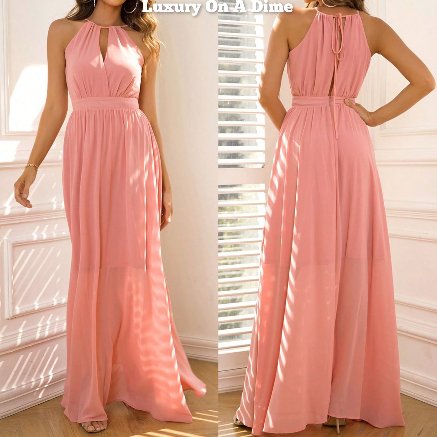 Grecian Cut-Out Surplice High-Neck Tie Sleeveless Empire Waist Maxi Dress