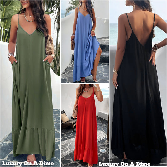 Oversized Pocket Casual Sleeveless V-Neck Low Back Long Summer Maxi Dress