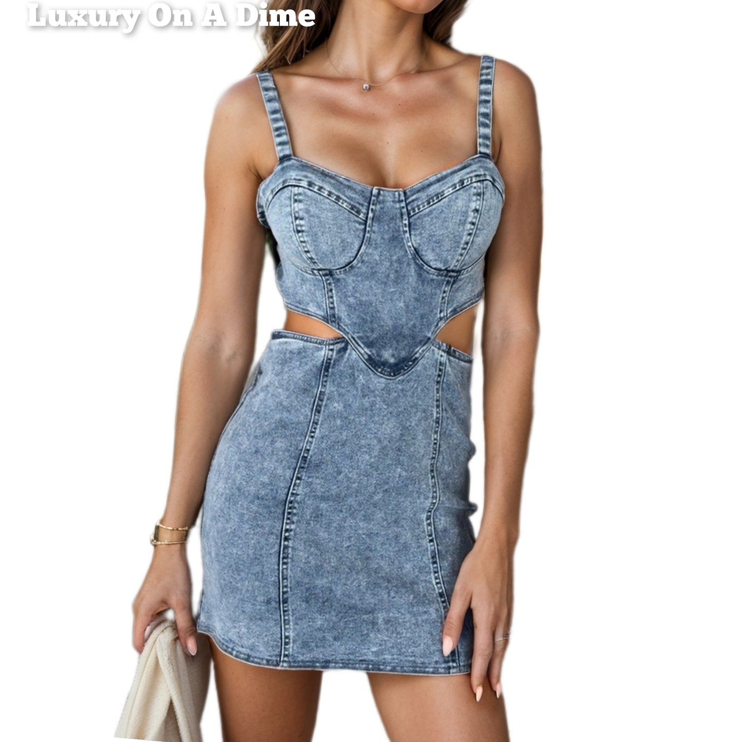 Blue Denim Cut-Out Waist Sleeveless Adjustable Strap Retro Jean Mini Dress