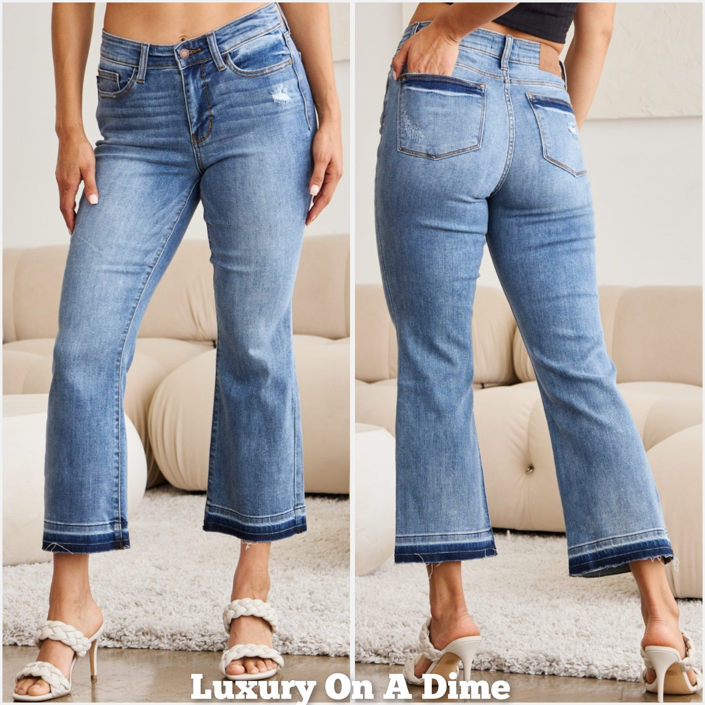 Judy Blue Mid-Rise Raw Distressed Wide Bootcut Cropped Hem Denim Jean Pants