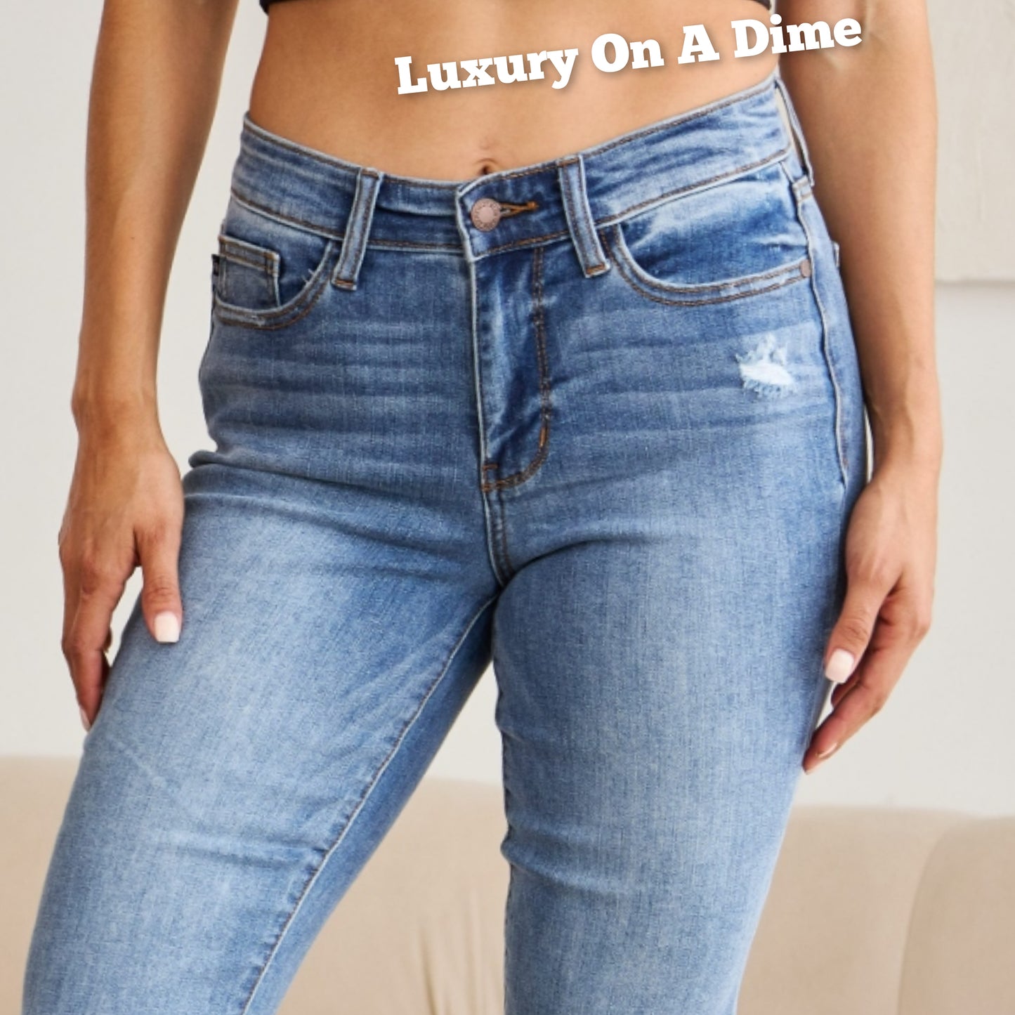 Judy Blue Mid-Rise Raw Distressed Wide Bootcut Cropped Hem Denim Jean Pants